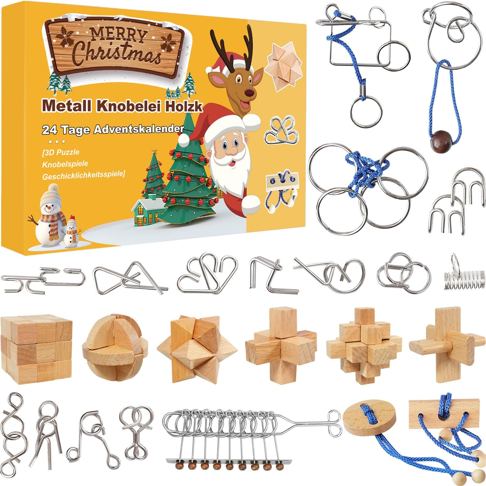 Adventskalender 2025 Knobelspiele für Erwachsene & Kinder, 24 Tage von Geschenk Weihnachten mit Metall Knobelei und 3D Holzk, 3D Puzzle Geschicklichkeitsspiele für Jungen, Mädchen, Jugendliche Angebot bei HelloDeals