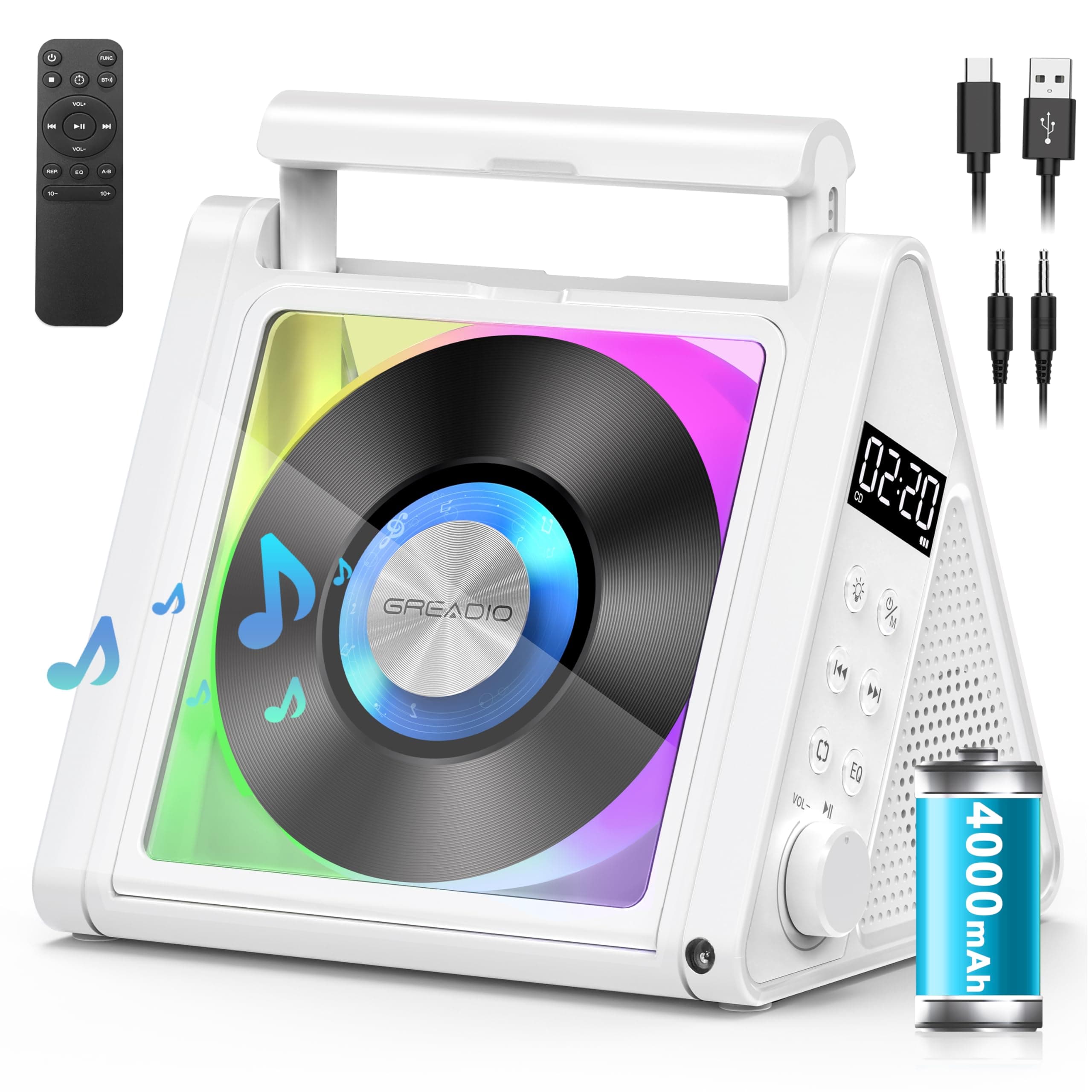 Greadio CD Player Tragbar, 4000mAh Wiederaufladbarer FM Radio mit Stereoanlage und Bluetooth 5.3, USB, AUX, Fernbedienung, 2 * 10W-HiFi-Sound-Lautsprecher, RGB-Farbige Lichter MP3 CD Player Kinder Weiß Angebot bei HelloDeals