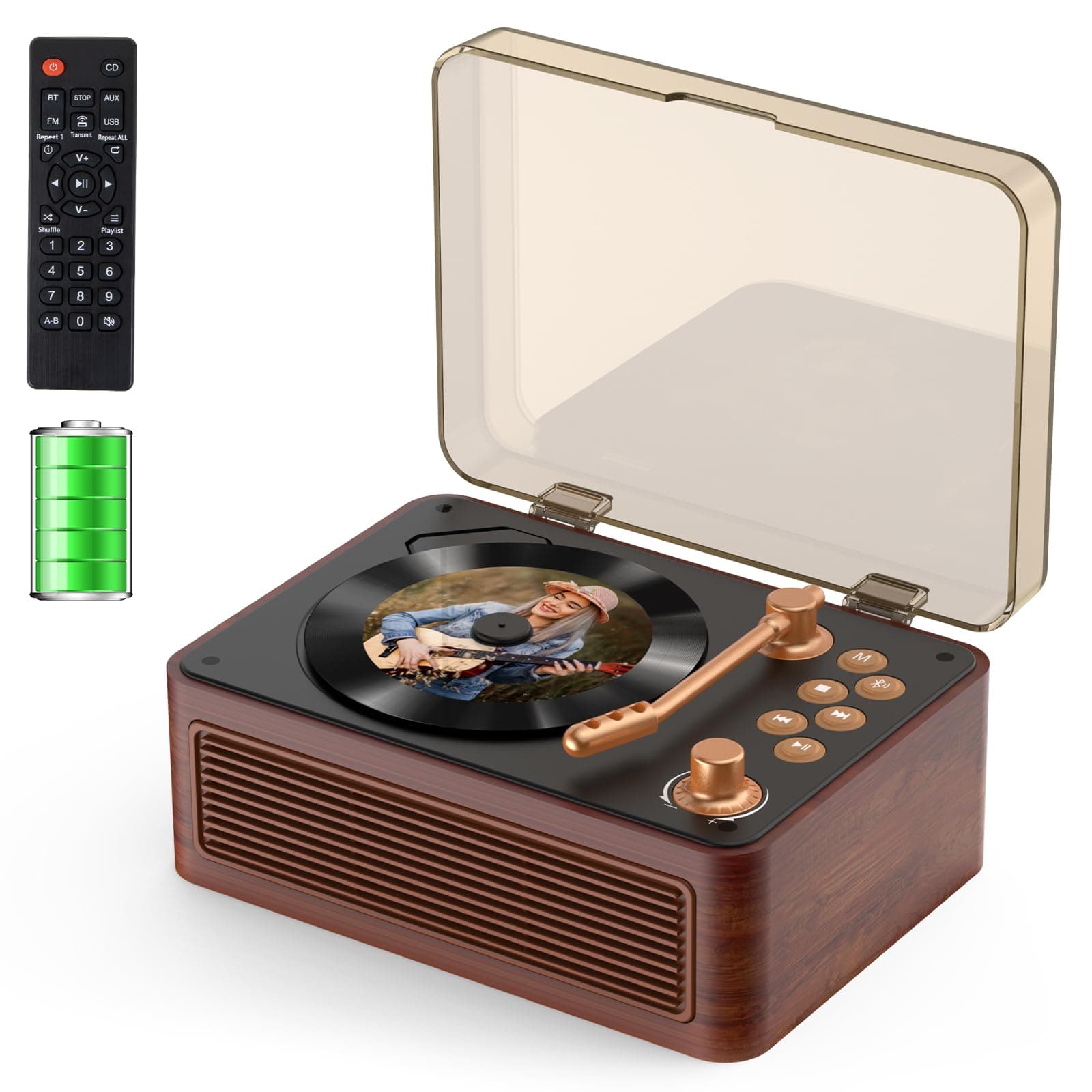 Gueray Tragbarer Bluetooth CD-Player mit Lautsprechern 3600mAh Wiederaufladbarer Vintage CD Spieler für Zuhause, Retro Walnussholz CD Players FM-Radio mit Fernbedienung, Unterstützt USB AUX Wiedergabe Angebot bei HelloDeals