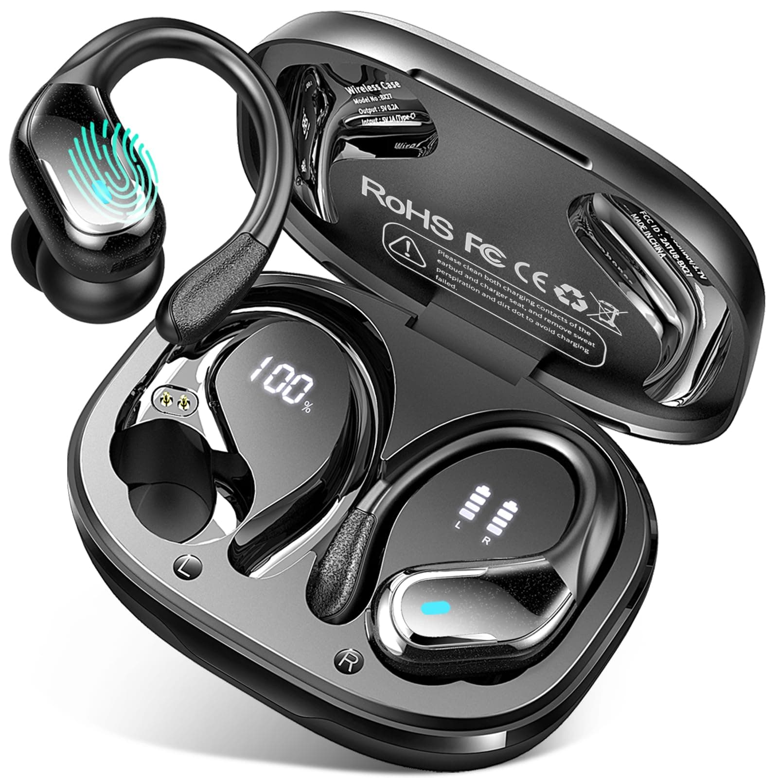 Bluetooth 5.4 Kopfhörer Sport, 75Std 3D-Stereo Kopfhörer Kabellos Bluetooth, IP-X8 Wasserdicht Tiefer Bass Wireless Headphones, 4 ENC Noise Cancelling Mic Earbuds, 7g USB-C in-ear Ohrhörer Gym Joggen A-Schwarz Angebot bei HelloDeals