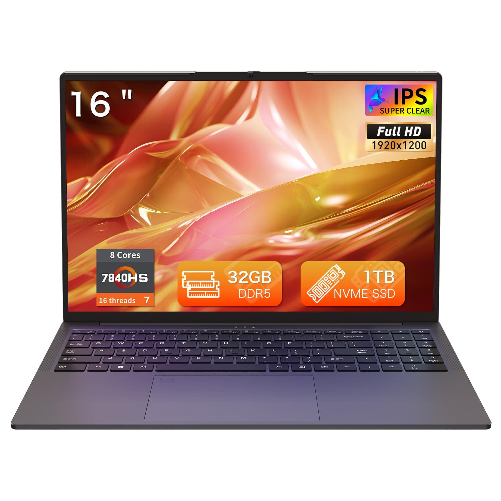 Gaming Laptop, 32GB DDR5 RAM 1TB SSD, 7840HS CPU (bis 5,1 GHz) 16 Zoll Full HD Notebook, WiFi 6, Dual Fan, Dual Type-C, Fingerprint Reader, Privacy Shutter, HDMI, Student/Business Laptop 32GB+1TB Grau Angebot bei HelloDeals