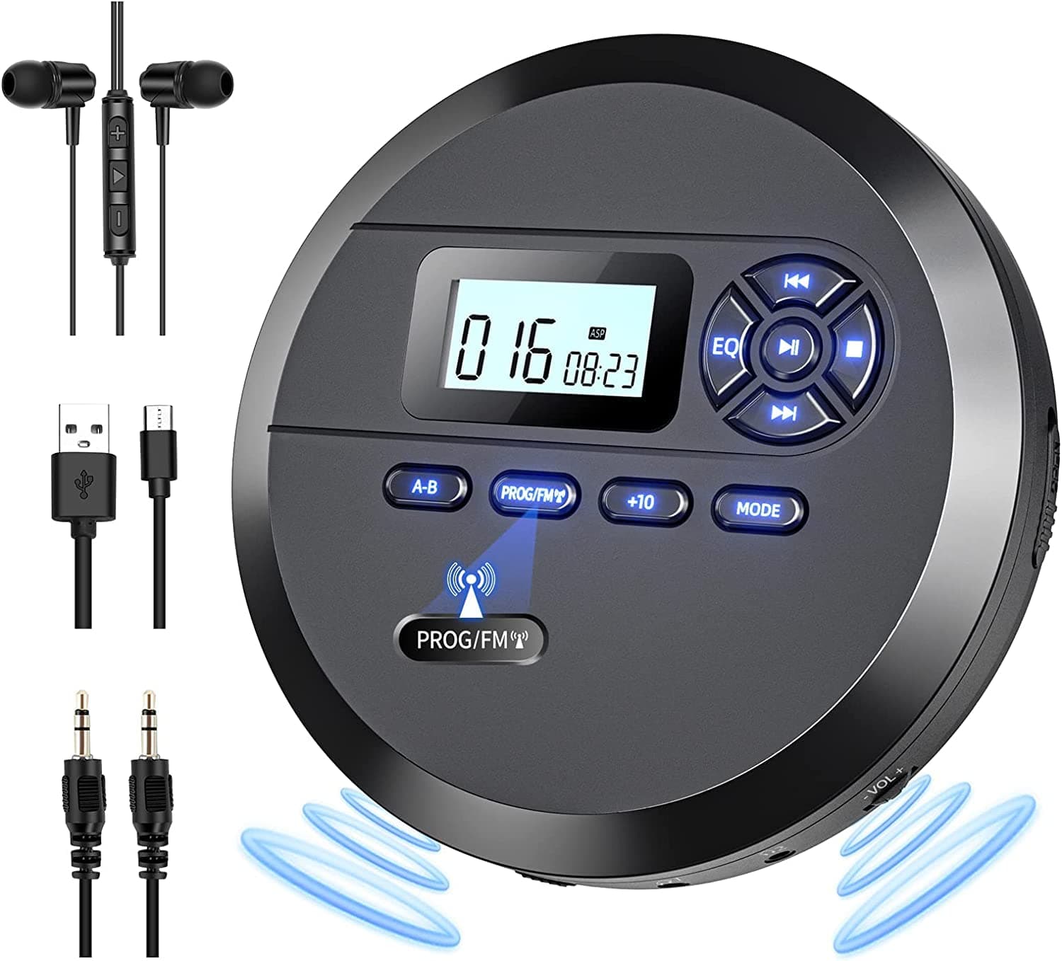 Tragbarer CD-Player, DESOBRY CD Player Tragbar mit Lautsprechern und UKW-Sender, Discman für Auto, 2000-mAh-Akku, Kopfhörer, AUX-Kabel Angebot bei HelloDeals