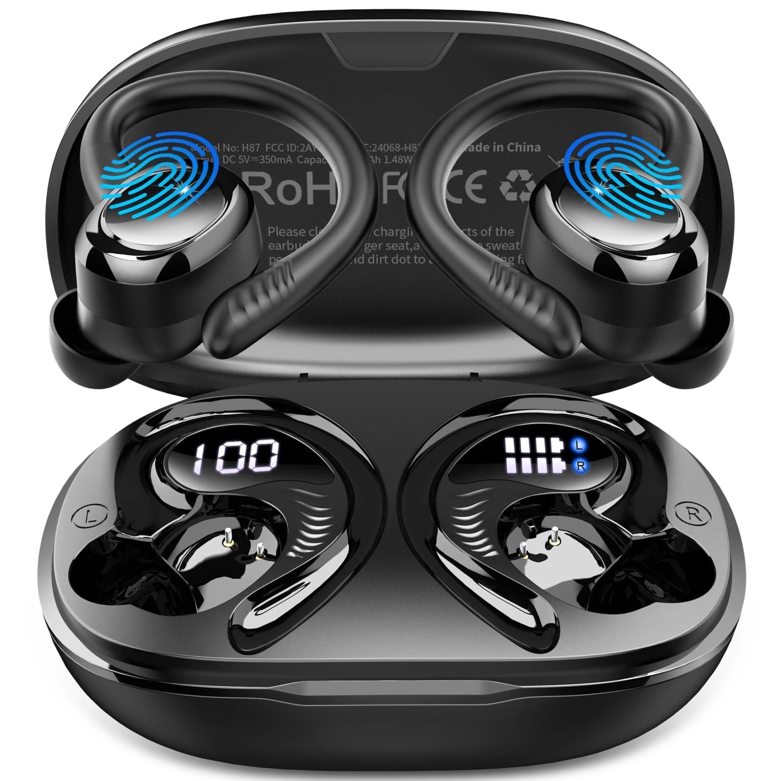 Bluetooth 5.4 Kopfhörer Sport, 2025 In Ear Kopfhörer Kabellos Bluetooth mit 6D Stereo/4 ENC Mic, 50H Noise Cancelling Ear buds, Over-Ear Sportkopfhörer mit Ohrhaken, IP7 Wasserdicht Ohrhörer für Sport hellschwarz Angebot bei HelloDeals
