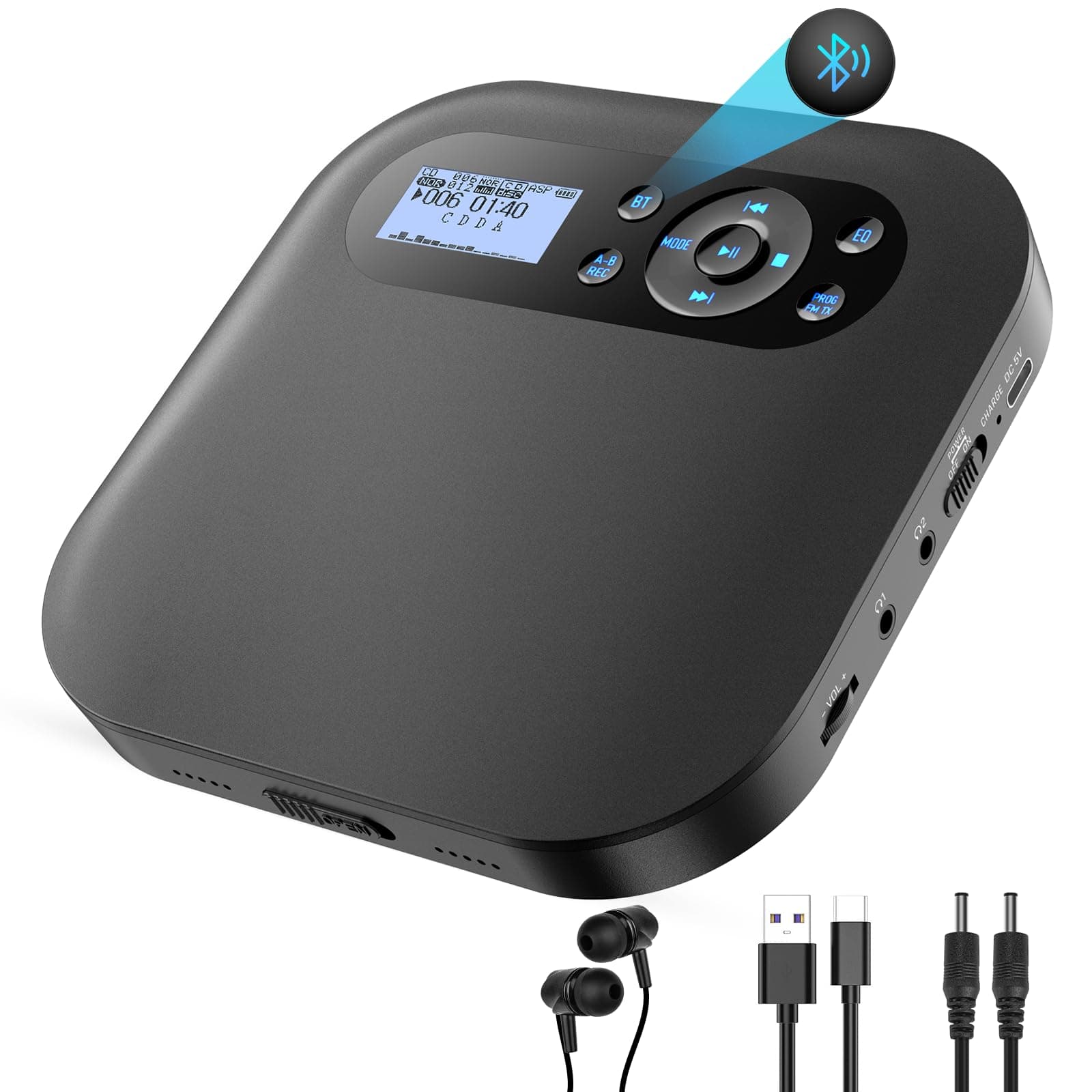 Tragbarer CD Player mit Bluetooth, NEU Wiederaufladbar Discman CD Player für Auto mit FM, Zwei Stereo Lautsprechers, Anti-Skip, Zwei Kopfhöreranschlüssen, für Geschenk,Zuhause CD022 Bluetooth 5.3 Angebot bei HelloDeals