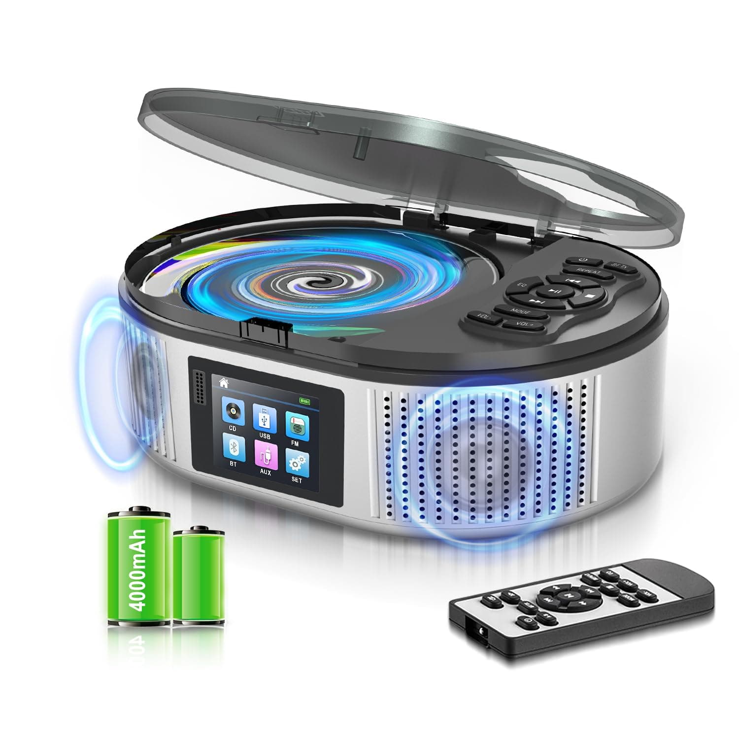 Tragbarer CD Player, CD Player Bluetooth mit Dual Stereo Lautsprecher, 4000mAh Rechargeable Desktop Boombox CD Player mit Remote Control, LCD Screen, Unterstützung FM-Radio/USB/AUX Silber Angebot bei HelloDeals