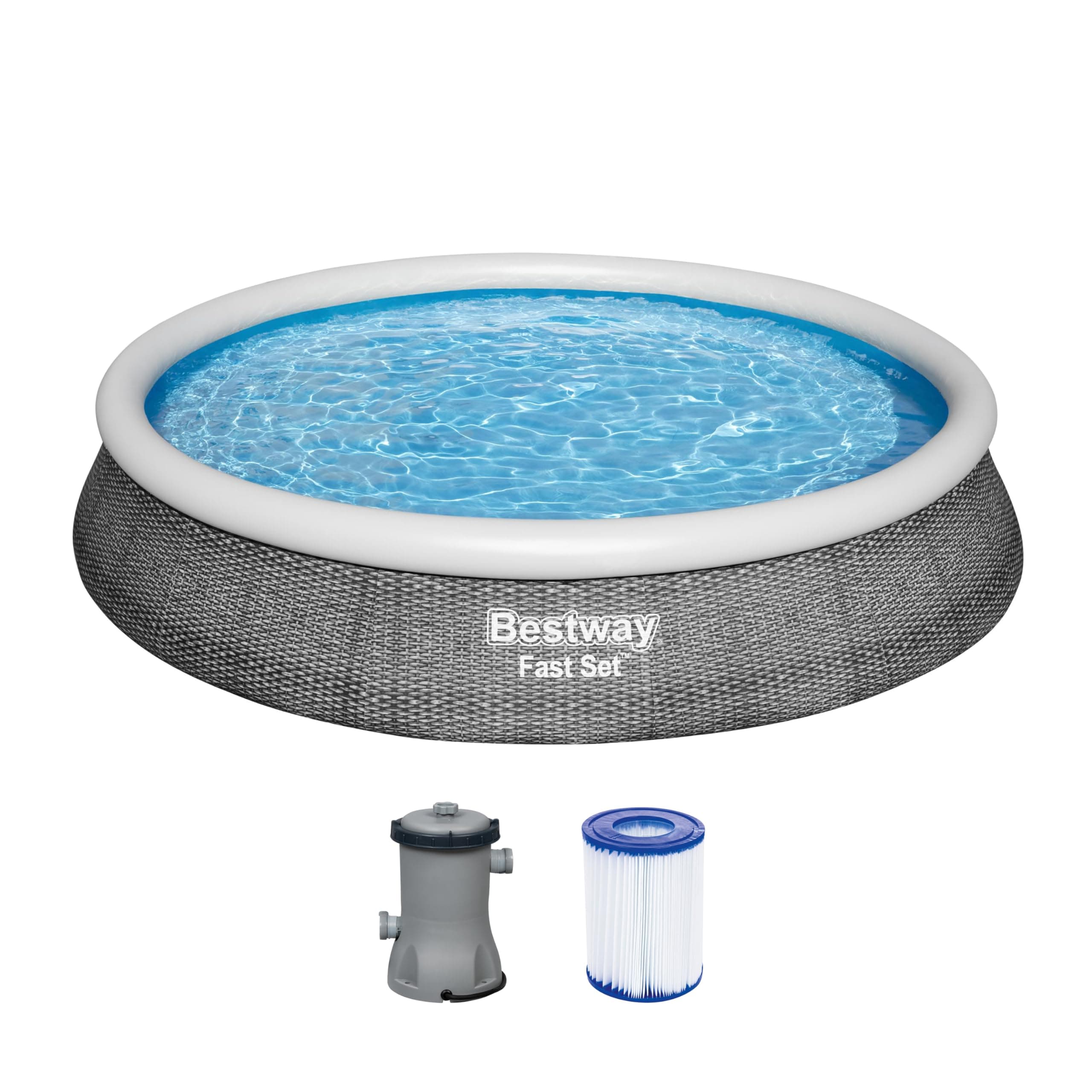 Bestway Fast Set Pool, 396 x 84 cm, Set mit Filterpumpe, rund, graue Rattan-Optik Angebot bei HelloDeals