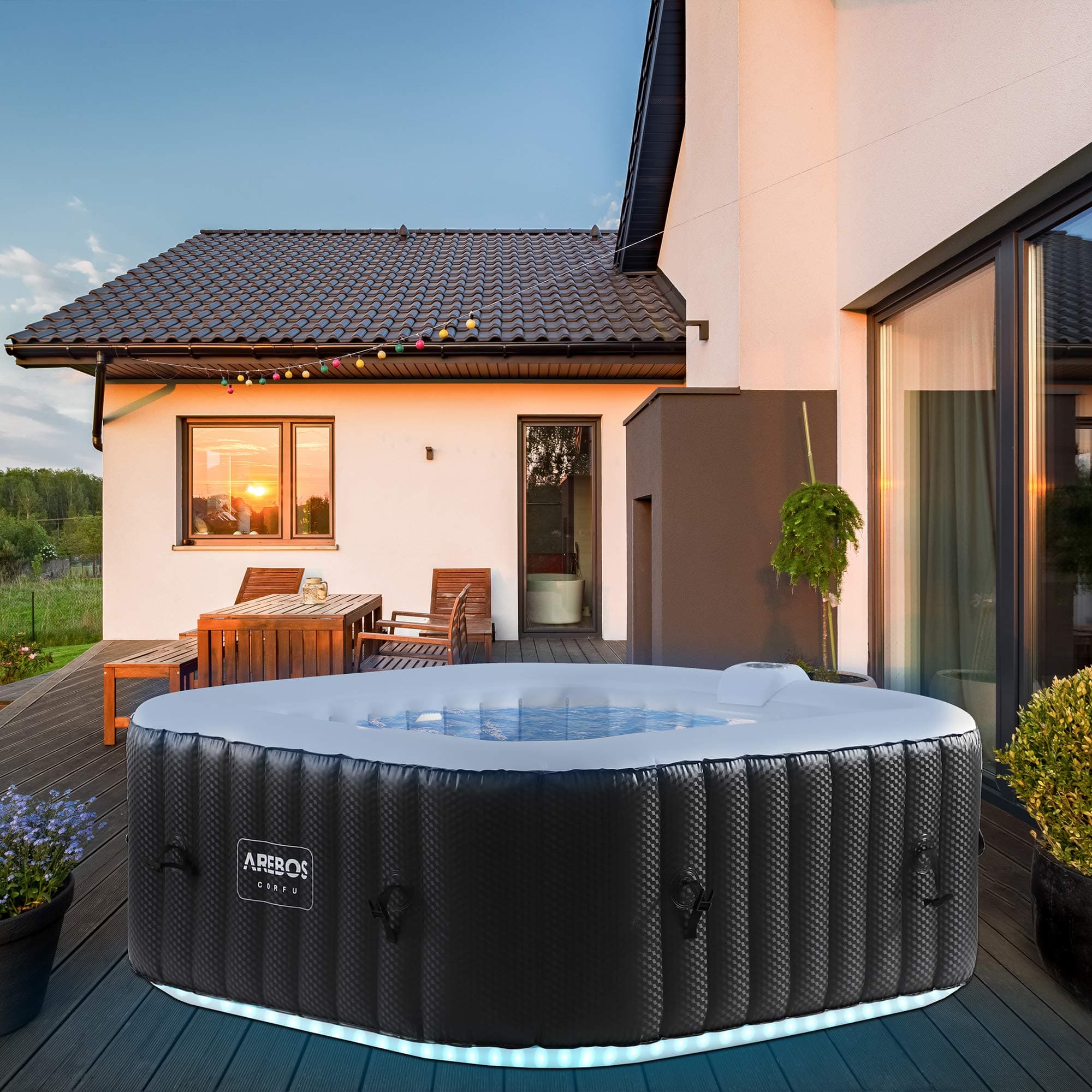 Arebos Whirlpool | 154 x 154 cm | mit LED-Beleuchtung | aufblasbar | quadratisch | In- & Outdoor | 4 Personen | 100 Massagedüsen | mit Heizung | 600 L | Inkl. Abdeckung | Bubble Spa & Wellness Massage Angebot bei HelloDeals