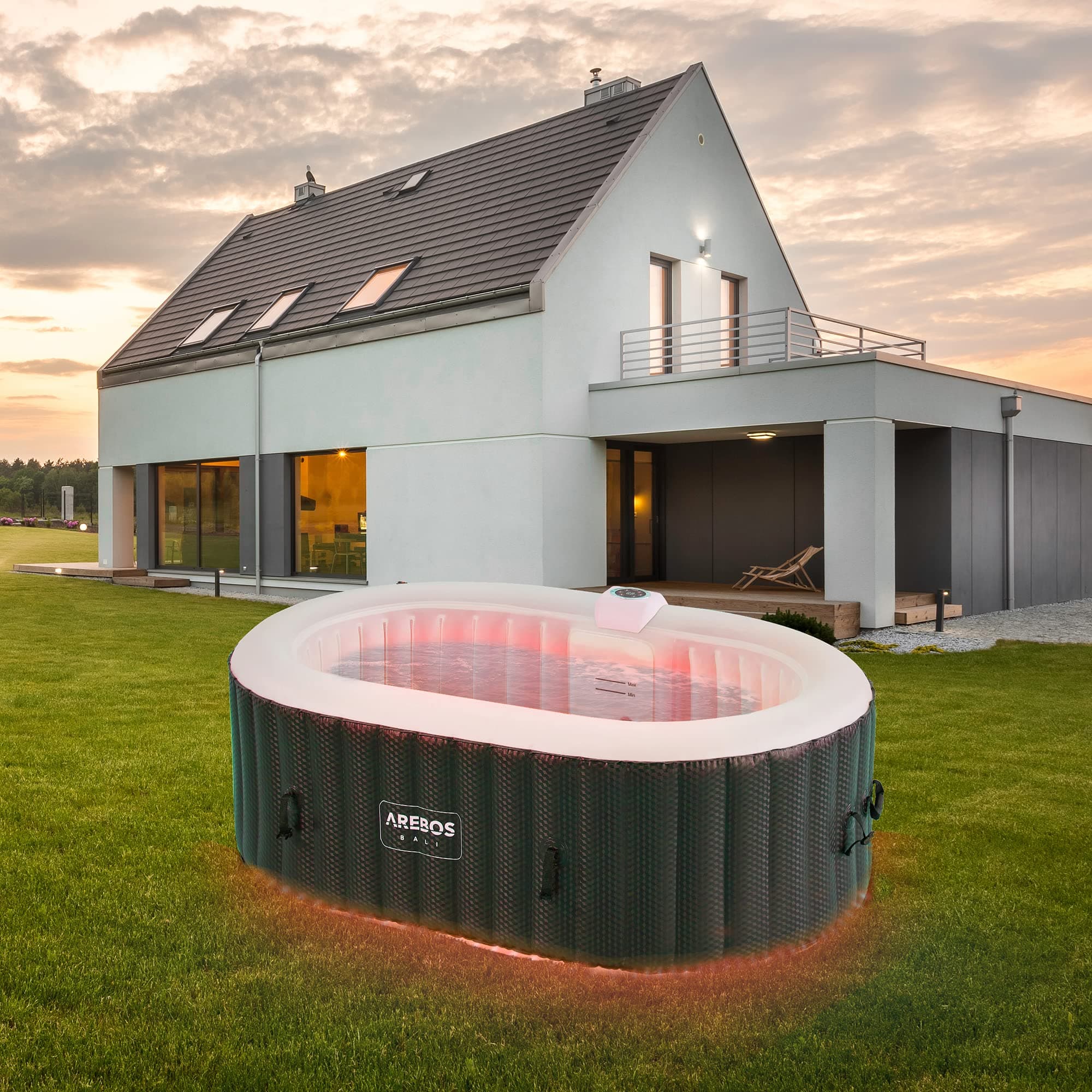 Arebos Whirlpool mit LED Beleuchtung | Aufblasbar | In- & Outdoor | 190x120 cm oval | 2 Personen | 90 Massagedüsen | mit Heizung | 550 Liter | Inkl. Abdeckung | Bubble Spa & Wellness Massage Angebot bei HelloDeals