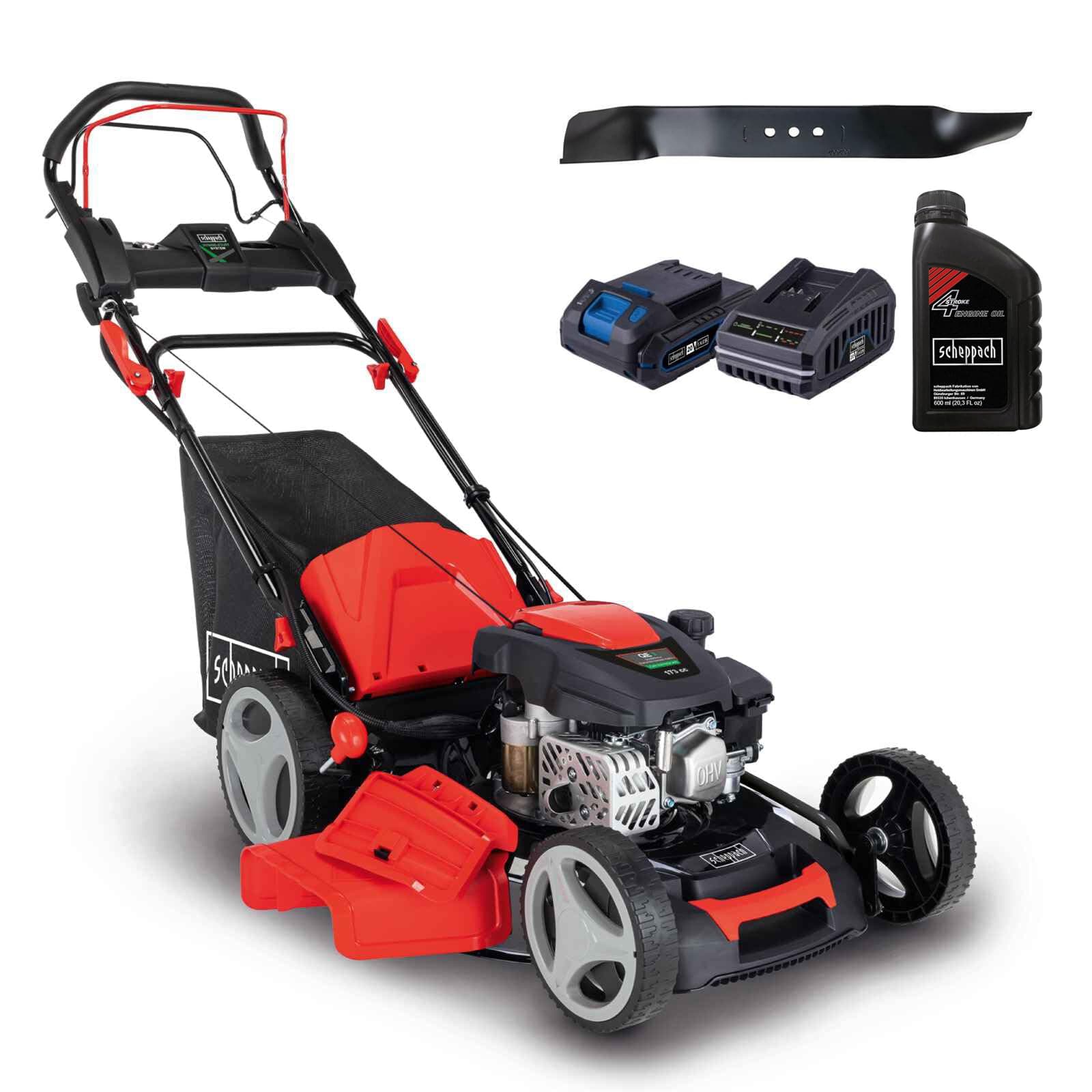 Scheppach MS173-51E Benzin Rasenmäher - 51cm Schnittbreite | E-Start | Reinigungsfunktion | 65 Liter Fangkorb | Stahlgehäuse | 7-stufige Höhenverstellung (inkl. Ersatzmesser & Motoröl) Angebot bei HelloDeals