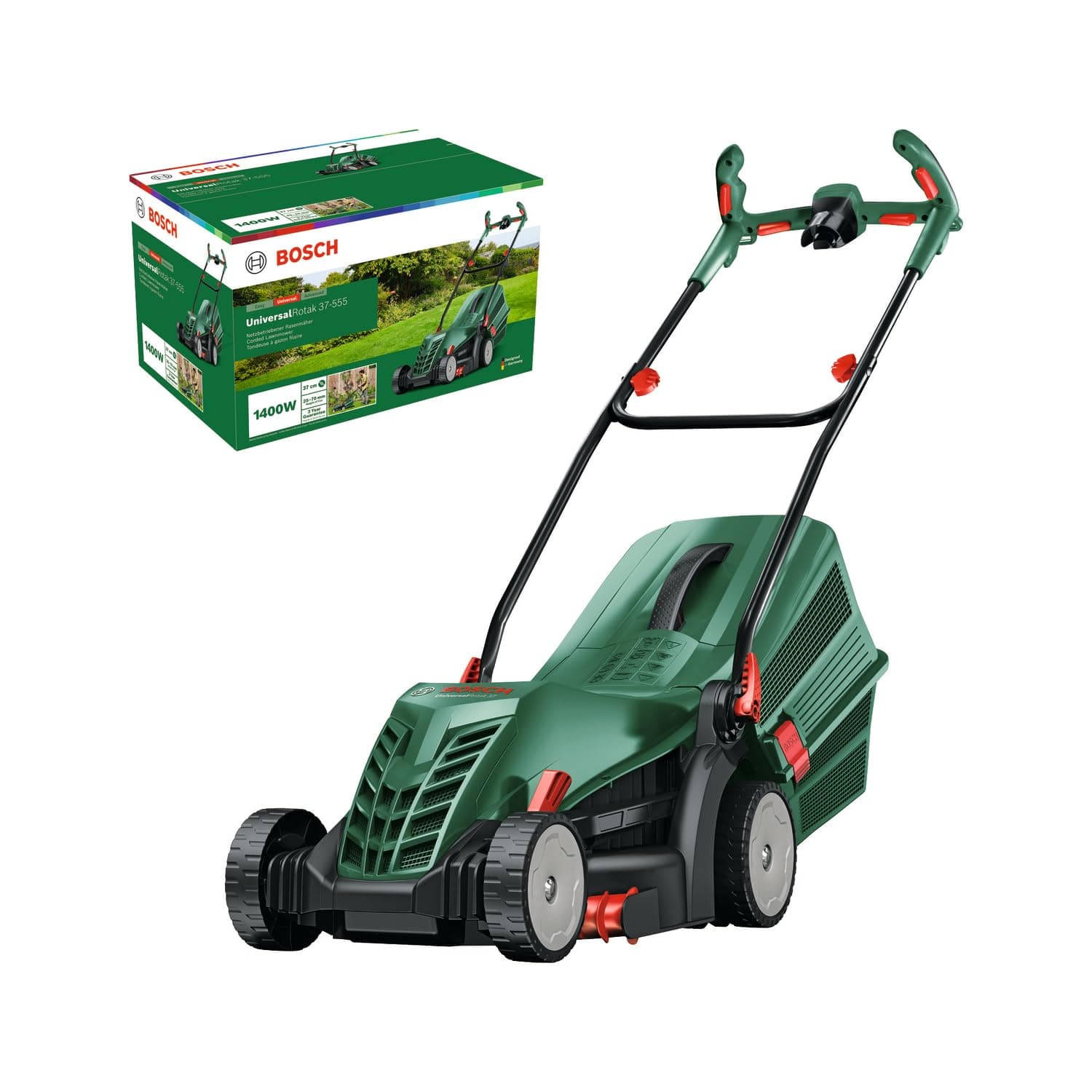 Bosch kabelgebundener Rasenmäher UniversalRotak 37-555 (1400-W-Motor, Schnittbreite: 37 cm, 40-Liter-Grasfangkorb, Ergoflex-Handgriffe) 37cm (neu) Angebot bei HelloDeals