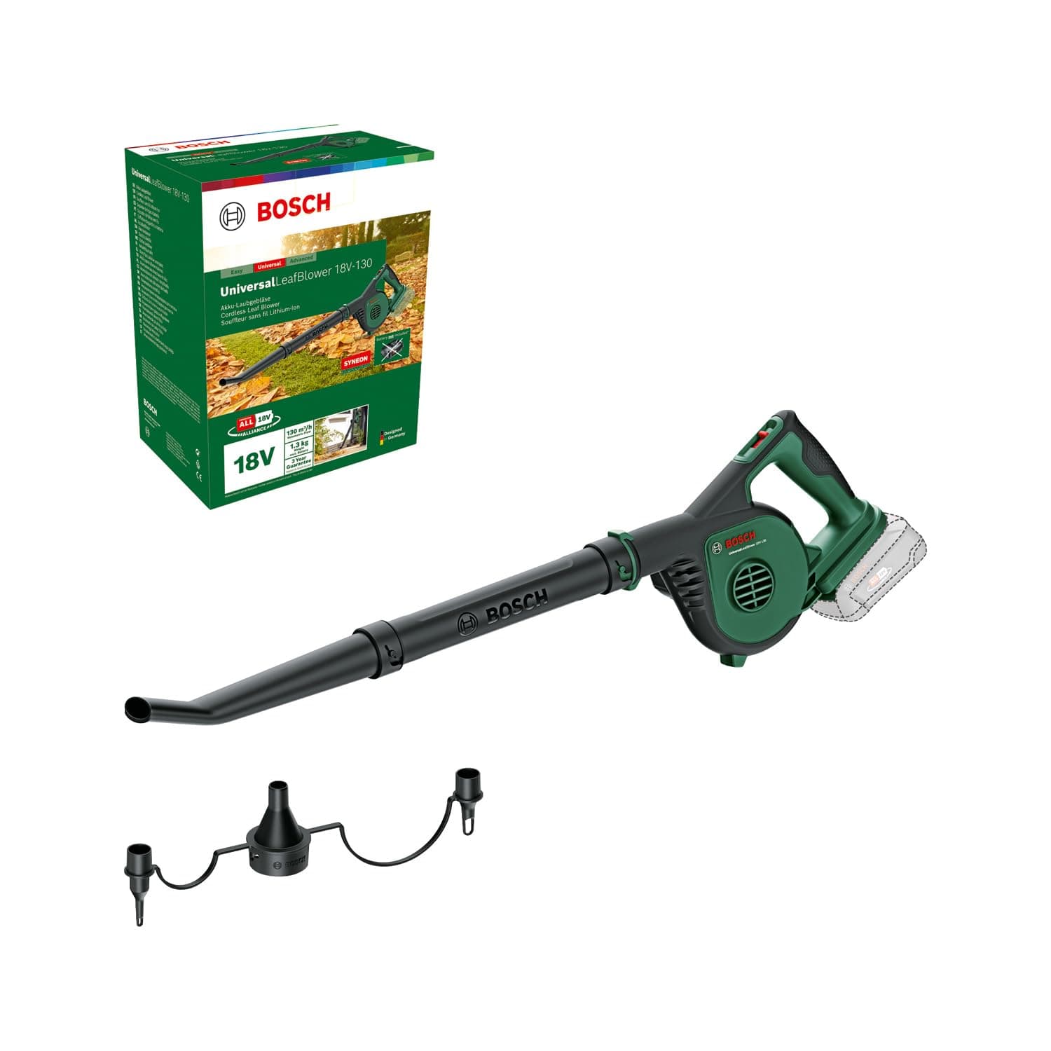 Bosch Akku-Laubbläser UniversalLeafBlower 18V-130 (Für schnelles und einfaches Säubern im Außenbereich; 18 Volt System; ohne Akku) Laubbläser | ohne Akku Neues Design | Classic Green Angebot bei HelloDeals