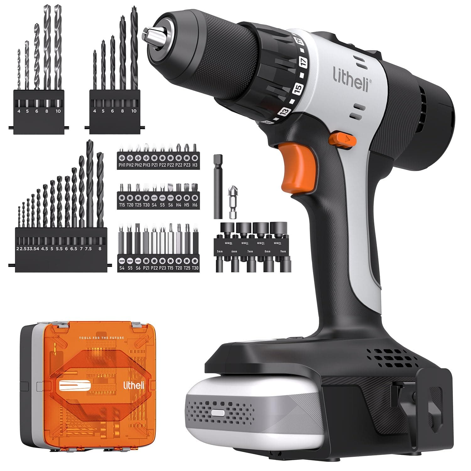 Litheli 20V Akku Bohrschrauber Set mit 10000mAh Akku, 64-teiliges Bohrer-Set，21+1 Akkubohrer 50Nm Drehmoment Max,2-Gang, LED-Licht für Reparatur & DIY Angebot bei HelloDeals