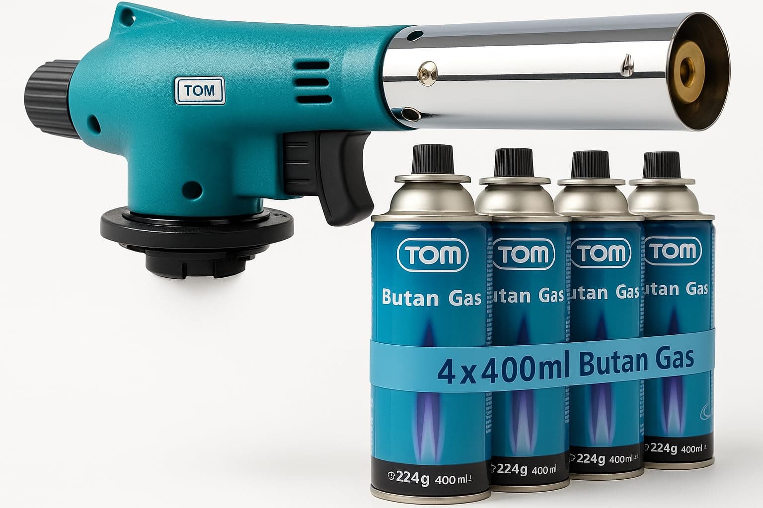 TOM Gasbrenner – Brenneraufsatz - Gaskartuschen mit Bajonettverschluss MSF-1A für Werkstatt, Garten, Küche & Co. – 1300°C – Piezozündung – Lötbrenner – Bunsenbrenner (Gasbrenner mit 4 Gaskartuschen) Angebot bei HelloDeals