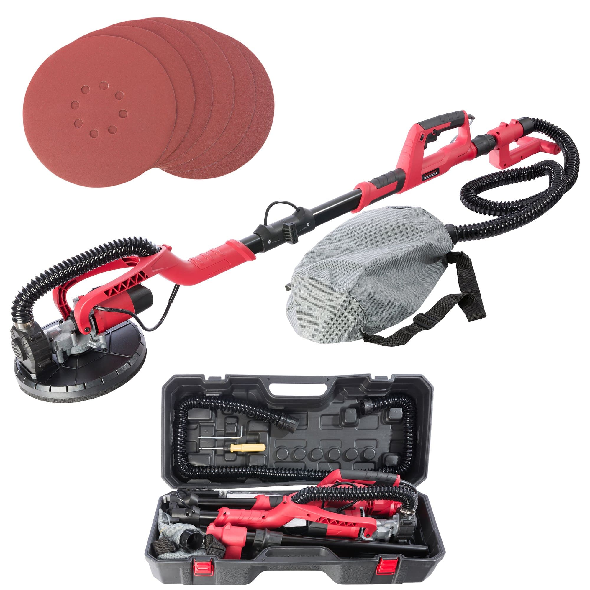 Arebos Trockenbauschleifer 750W | Langhalsschleifer Ø225mm mit Absaugsystem & Staubfangsack | Drehzahlregelung, Teleskopstange, Schwenkbarer Kopf, inkl. 6 Schleifscheiben & Koffer Angebot bei HelloDeals