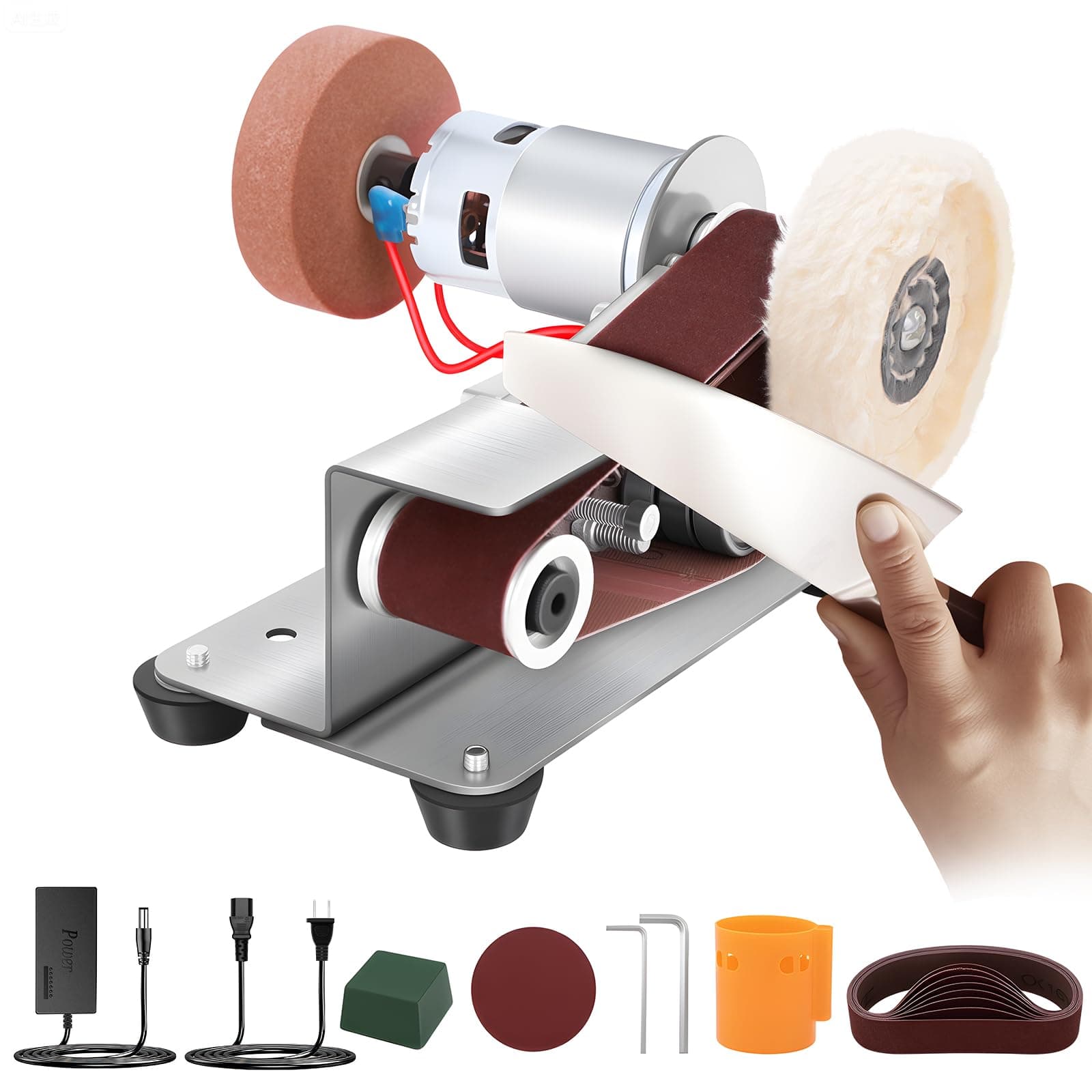 Yofuly Mini Bandschleifer, Doppelschleifer Stand-Bandschleifer Schleifmaschine 7-Stufig Verstellbarer Polierer mit 330 * 30 mm Schleifbänder Geliefert, Schleifscheibe und Polierscheibe Angebot bei HelloDeals