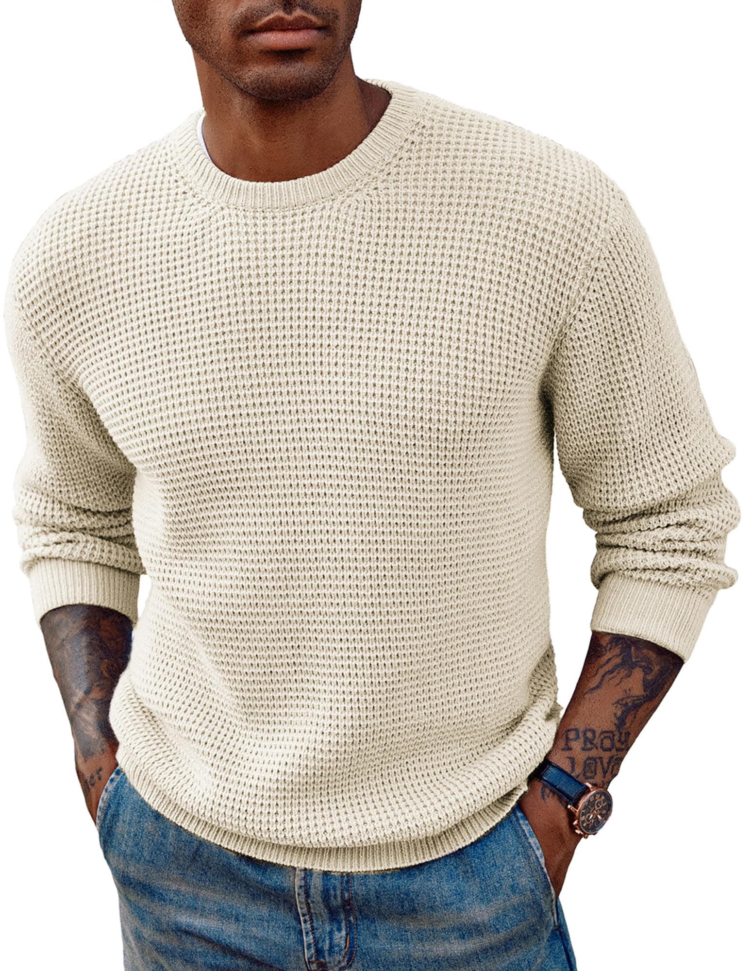 PJ PAUL JONES Pullover Herren mit Rundhals Waffelmuster Strickpullover Grobstrick Winterpullover L Beige Angebot bei HelloDeals