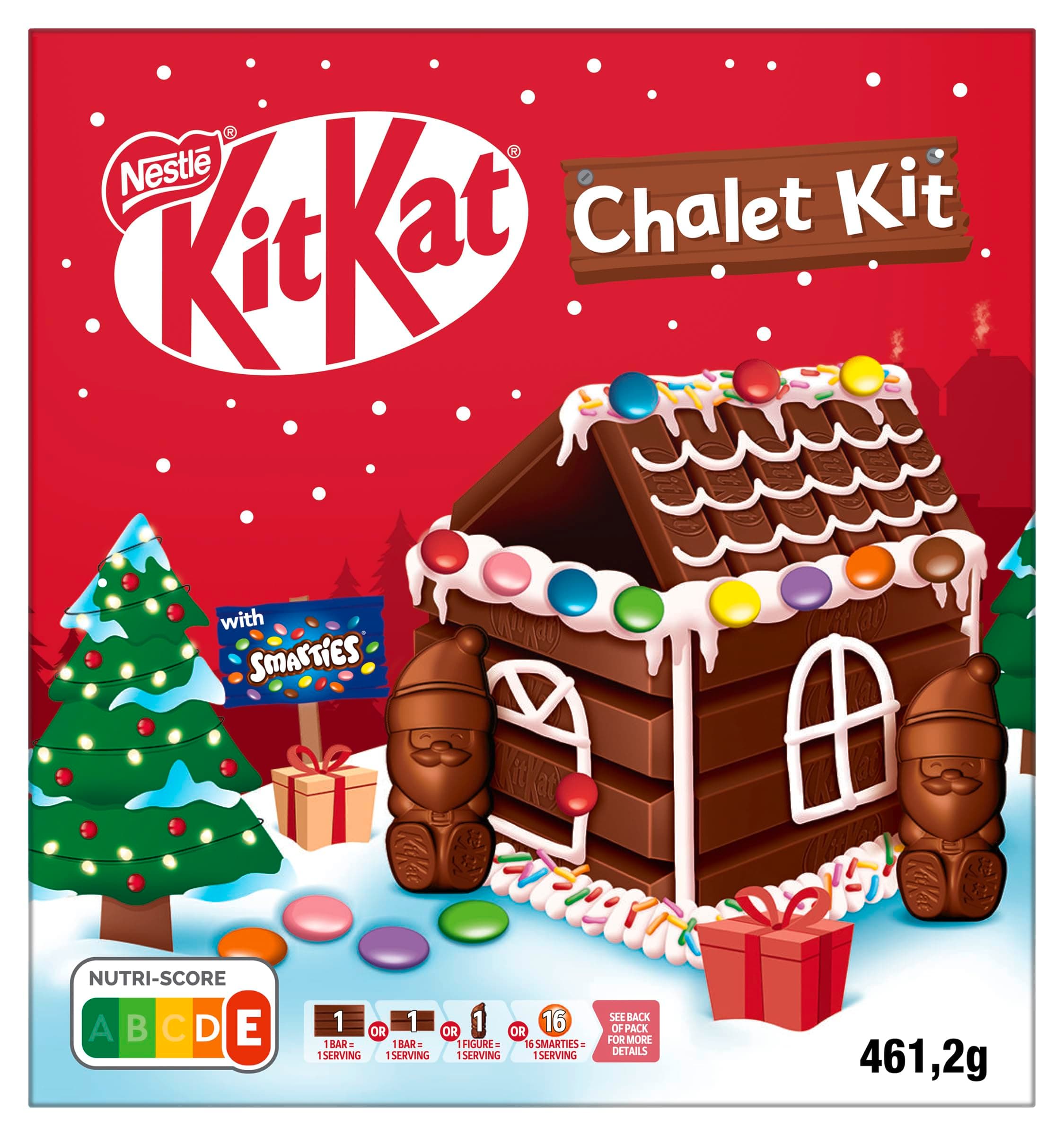NESTLÉ KITKAT Chalet Kit Weihnachtsschokolade, Weihnachtshäuschen zum selber Basteln mit KITKAT und SMARTIES, 1er Pack (1 x 461g) Angebot bei HelloDeals