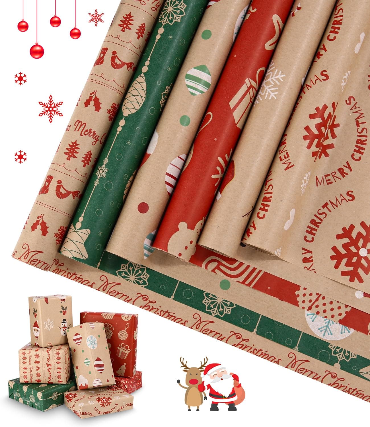 heuchaey Geschenkpapier Weihnachten 6 Rollen Set je 3M x 43cm Gift Wrapping Paper Recycelbares Weihnachtspapier Kraftpapier in 6 Verschiedene Muster für Kinder Geburtstag,Weihnachten,Valentinstag Angebot bei HelloDeals