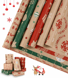 heuchaey Geschenkpapier Weihnachten 6 Rollen Set je 3M x 43cm Gift Wrapping Paper Recycelbares Weihnachtspapier Kraftpapier in 6 Verschiedene Muster für Kinder Geburtstag,Weihnachten,Valentinstag Angebot bei HelloDeals