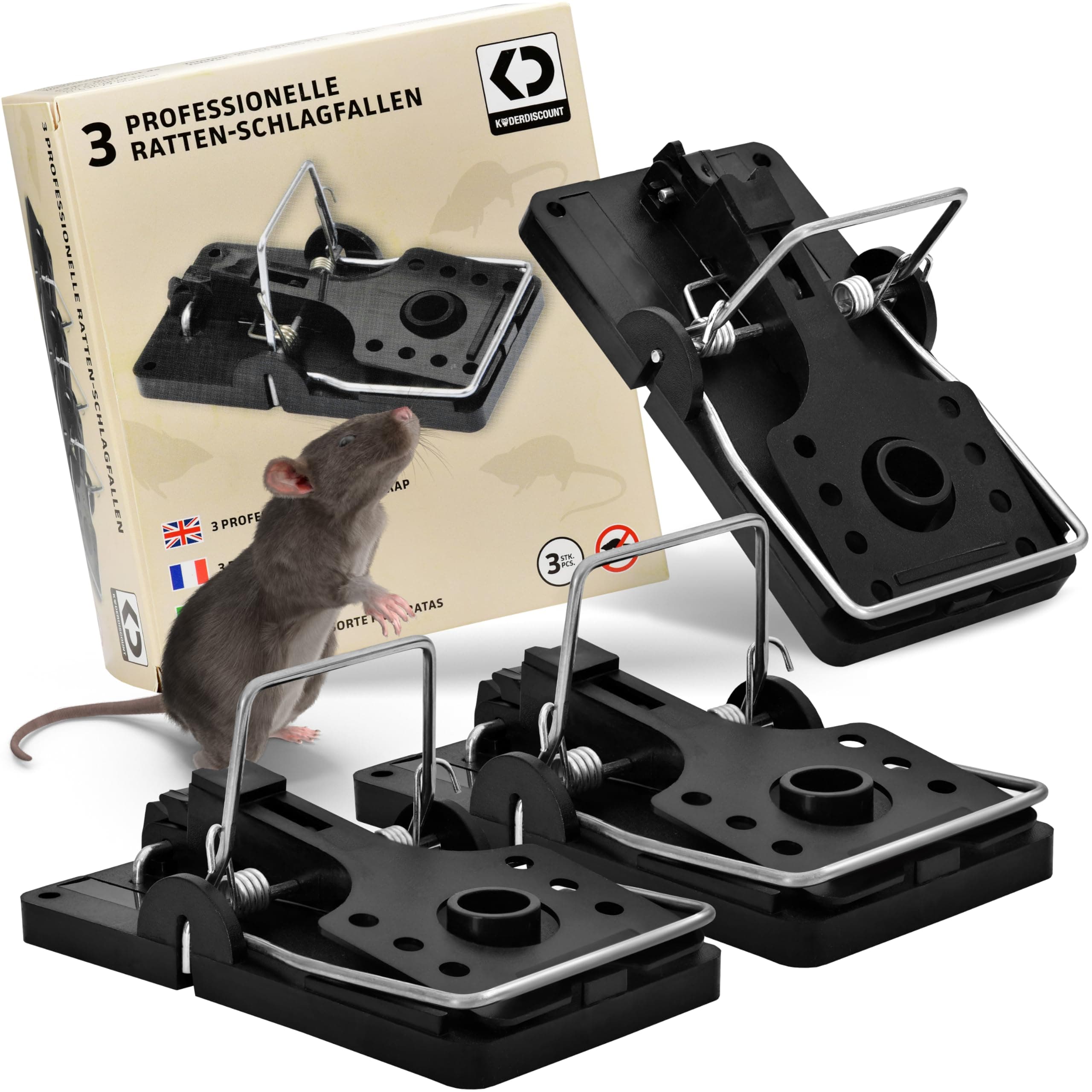 Köder-Discount: 3X Professionelle Rattenschlagfallen - Wiederverwendbare und zuverlässige Rattenfalle ohne Rattengift. Schnelle Ergebnisse, aus Kunststoff, Schwarz Angebot bei HelloDeals