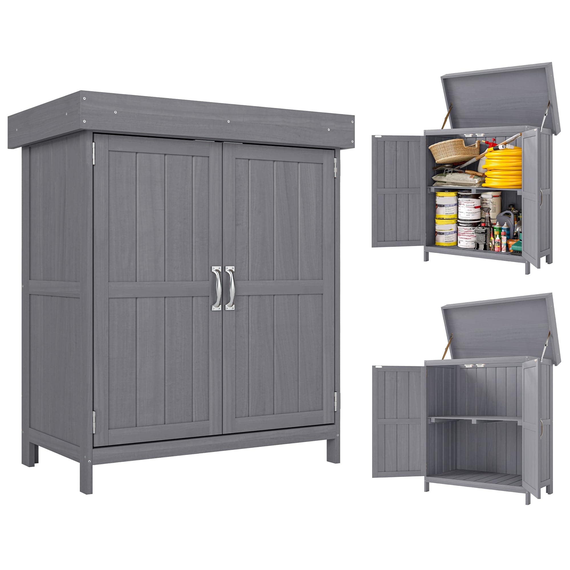 Outsunny Gartenschrank Tannenholz, Geräteschuppen wetterfest 74x43x88cm, Gerätehaus mit Doppeltür, 2 Fächern, Geräteschrank, Gartenhaus Werkzeugschrank Gartenschuppen für Garten, Terrasse, Dunkelgrau Angebot bei HelloDeals