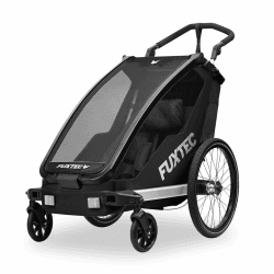 FUXTEC Kinderfahrradanhänger FX-FA1S, EIN-Sitzer faltbar mit Schiebegriff und Regenschutz, integrierter Anschnallgurt und Handgelenksband, max. Zuladung 35kg, inkl. Kupplung und Sicherheitsfahne Schwarz Angebot bei HelloDeals