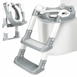 Toilettensitz Kinder mit Treppe, Toilettentrainer für Kinder, 2 IN 1 Toilettentrainer mit Treppe für Jungen und Mädchen, WC Sitz mit PU Gepolsterter Höhenverstellbar & Faltbar, Rutschfest (Grau) Angebot bei HelloDeals