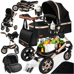 KESSER® Loops 4 in 1 Kinderwagen Kombikinderwagen Komplett-Set inkl. Babywanne & Buggy Sportsitz & Auto-Babyschale Voll-Gummireifen Wickeltasche Regenschutz Kindertisch ECE R129, Schwarz/Champagne Schwarz / Champagne Angebot bei HelloDeals