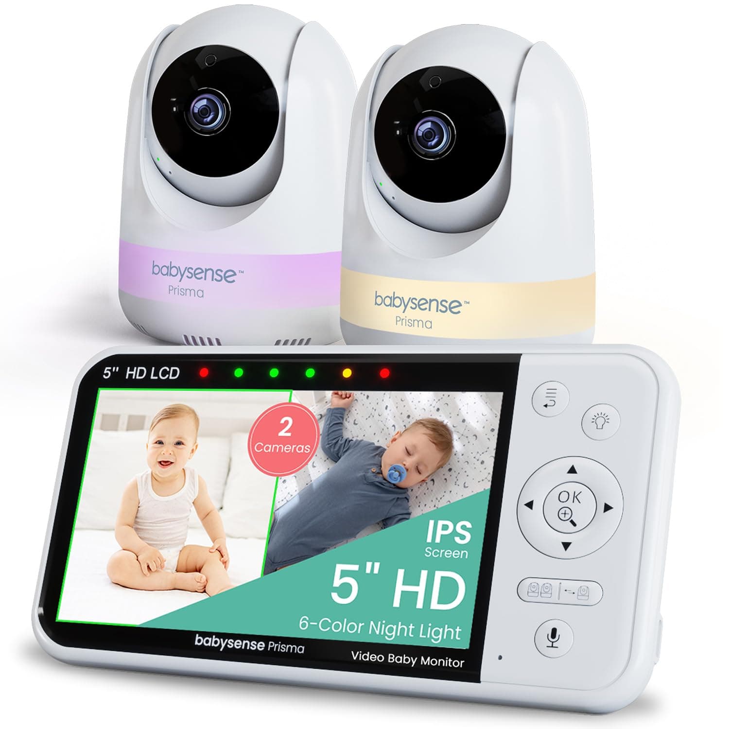 Babysense Babyphone 720p HD 5 Zoll mit 2 Kameras, Video Babyphone ohne WLAN, 6-Farben-Nachtlicht, Wiegenlieder, 300m Reichweite, Zwei-Wege-Audio, 4-facher Zoom, 4000mAh Akku Prisma - 2 Kameras Angebot bei HelloDeals