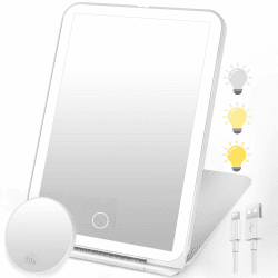 SURFOU Kosmetikspiegel mit Beleuchtung, Wiederaufladbar, faltbar & Ultraschlanker, 3 dimmbare Lichtfarben, Touchscreen und 10x Mini Vergrößerung, Perfekt für Reise und Zuhause (Weiß) Angebot bei HelloDeals