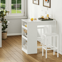 YITAHOME Bartisch mit Barhocker Set, Bartisch 3 Teilig, Esstisch mit 2 Hocker 3 Ablagen, Barhocker mit Metallrahmen, Essgruppe für 2 Personen, Frühstückstisch Möbelsets für Zuhause, Küche (Weiß) Angebot bei HelloDeals