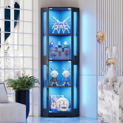 165 cm Eck-Glasvitrine mit LED-Beleuchtung & 4-stufige Schauvitrine mit Glastüren und Human Body Sensor für Sammlerstücke, Spirituosen, Schwarz Schwarz W40x D40x H165cm Angebot bei HelloDeals
