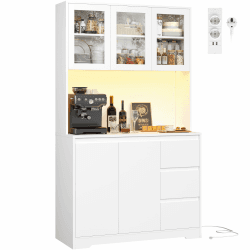 FirFurd Küchenschrank Buffetschrank mit LED Sideboard für Küche mit Steckdosenleiste Küchenschrank mit Arbeitsplatte und 3 Schubladen Küchenbuffet mit Verstellbares Regal 180x100x38.5 cm weiß Angebot bei HelloDeals