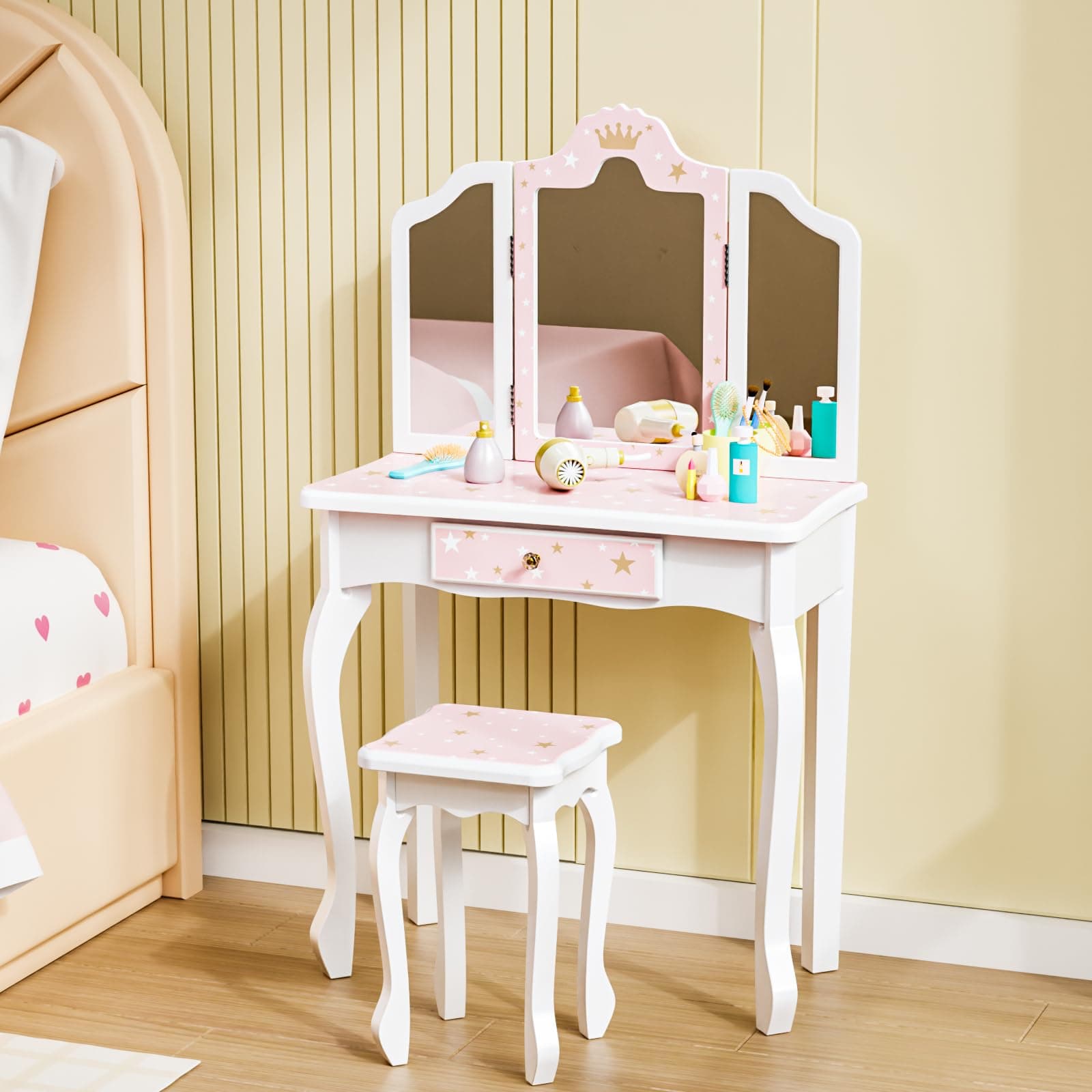 Bonnlo Schminktisch mit Hocker und Abnehmbarer Spiegel, Kindertisch mit Schublade für Mädchen ab 3 Jahren, Kronen-Muster Rosa ohne LED Angebot bei HelloDeals