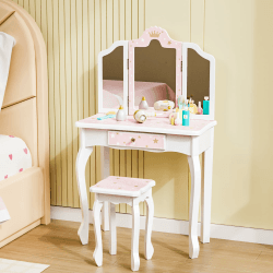 Bonnlo Schminktisch mit Hocker und Abnehmbarer Spiegel, Kindertisch mit Schublade für Mädchen ab 3 Jahren, Kronen-Muster Rosa ohne LED Angebot bei HelloDeals