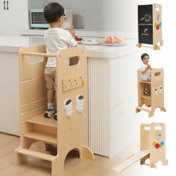 Olvy Kids 4-in-1 Montessori Lernturm - Learning Tower - Trittleiter Holz - Kindertritt 4 Stufen - Küchenturm Kinder - Steh Lernturm ab 1 Jahr - Kindertreppe Faltbar Angebot bei HelloDeals