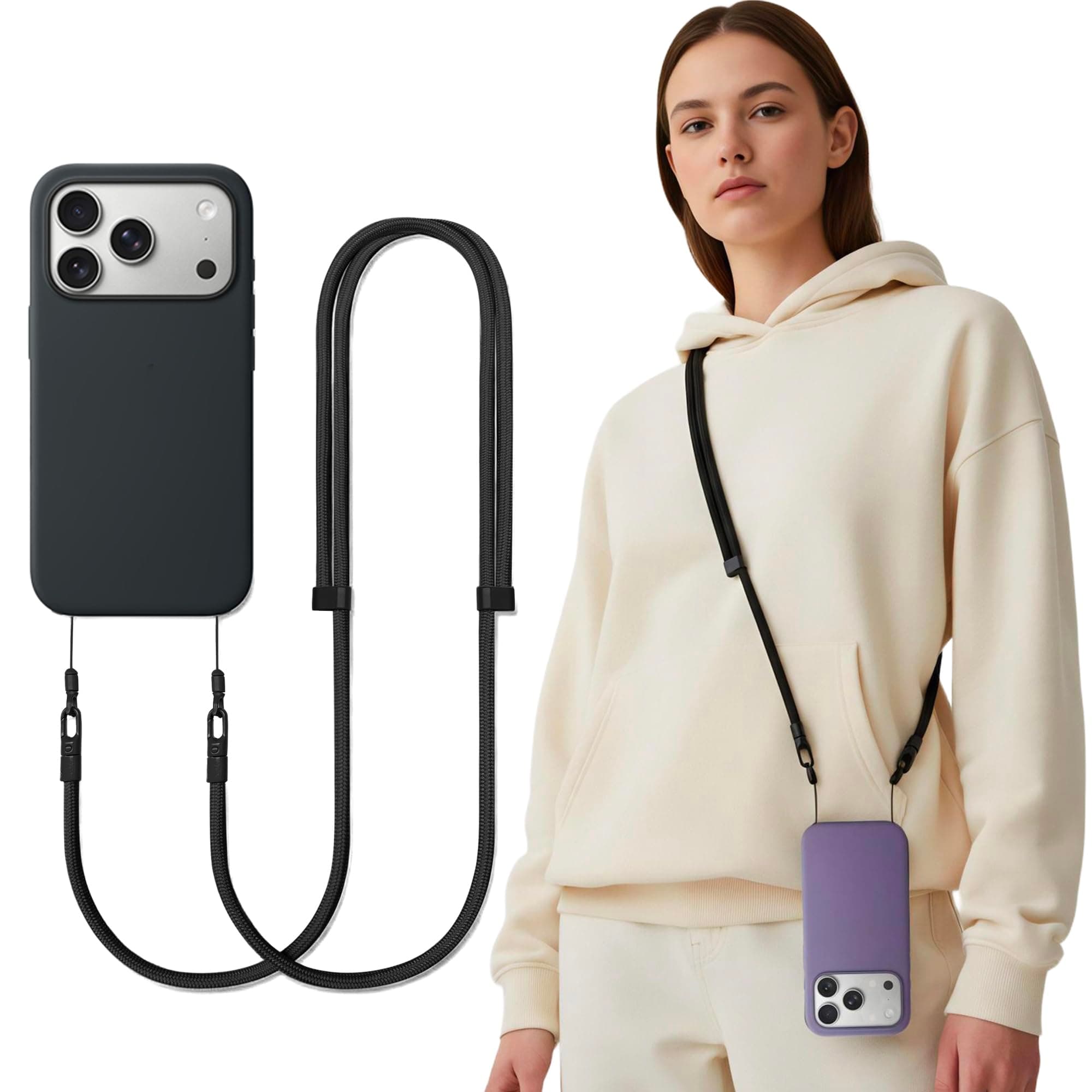 Handy Umhängeband Crossbody mit Schlaufenband & Tether-Tab, Verstellbarer Anti-Diebstahl-Handyriemen – Universell Kompatibel für Smartphones Schwarz Angebot bei HelloDeals