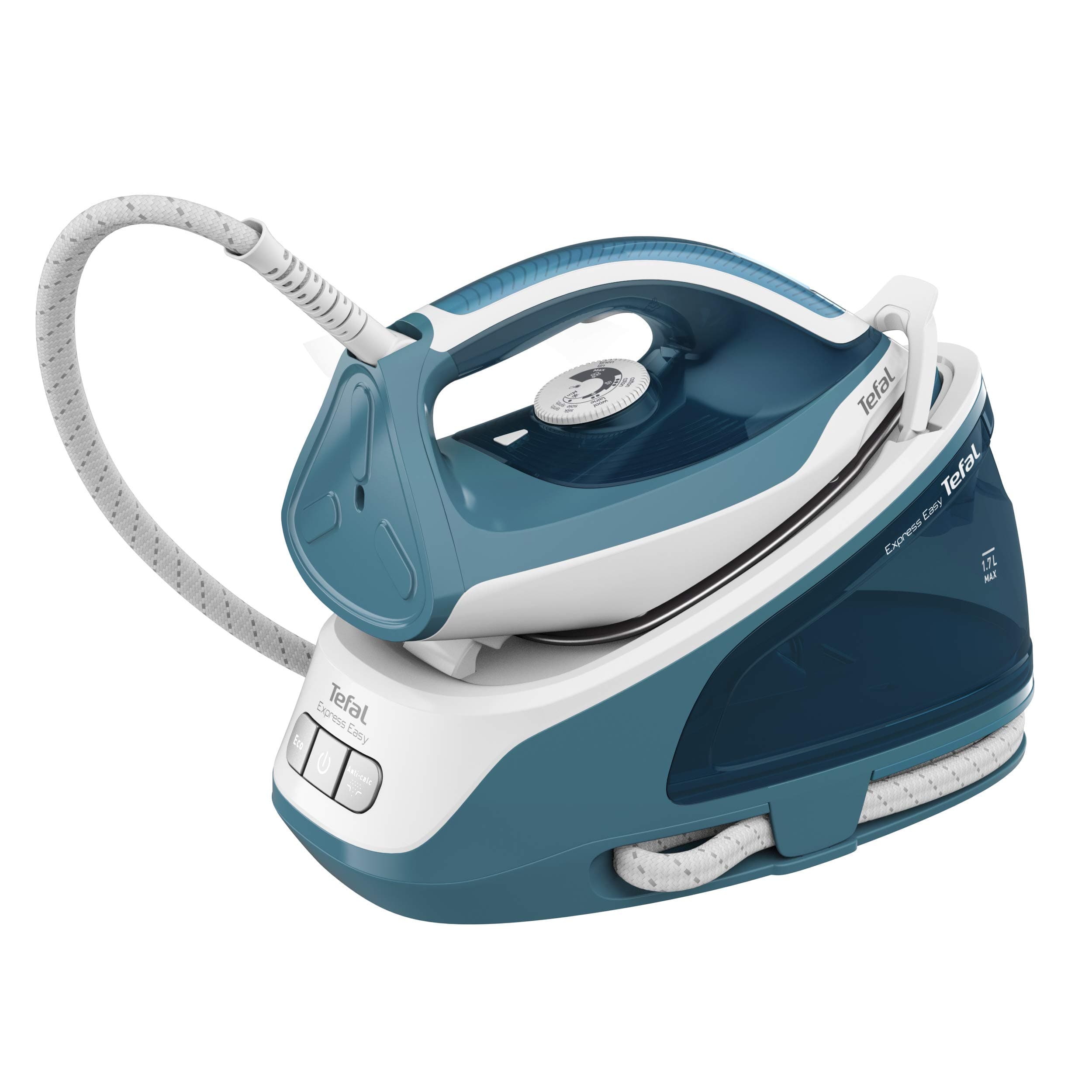 Tefal Dampfbügelstation Express Easy, 5,8 bar, Dampfstoß 350 g/Min., Dauerdampf 120 g/Min., Calc Clear-Technologie, Xpress Glide Bügelsohle, automatische Abschaltung, weiß/türkis, SV6131 5,8 bar | 350g/Min. Dampfstoß Angebot bei HelloDeals