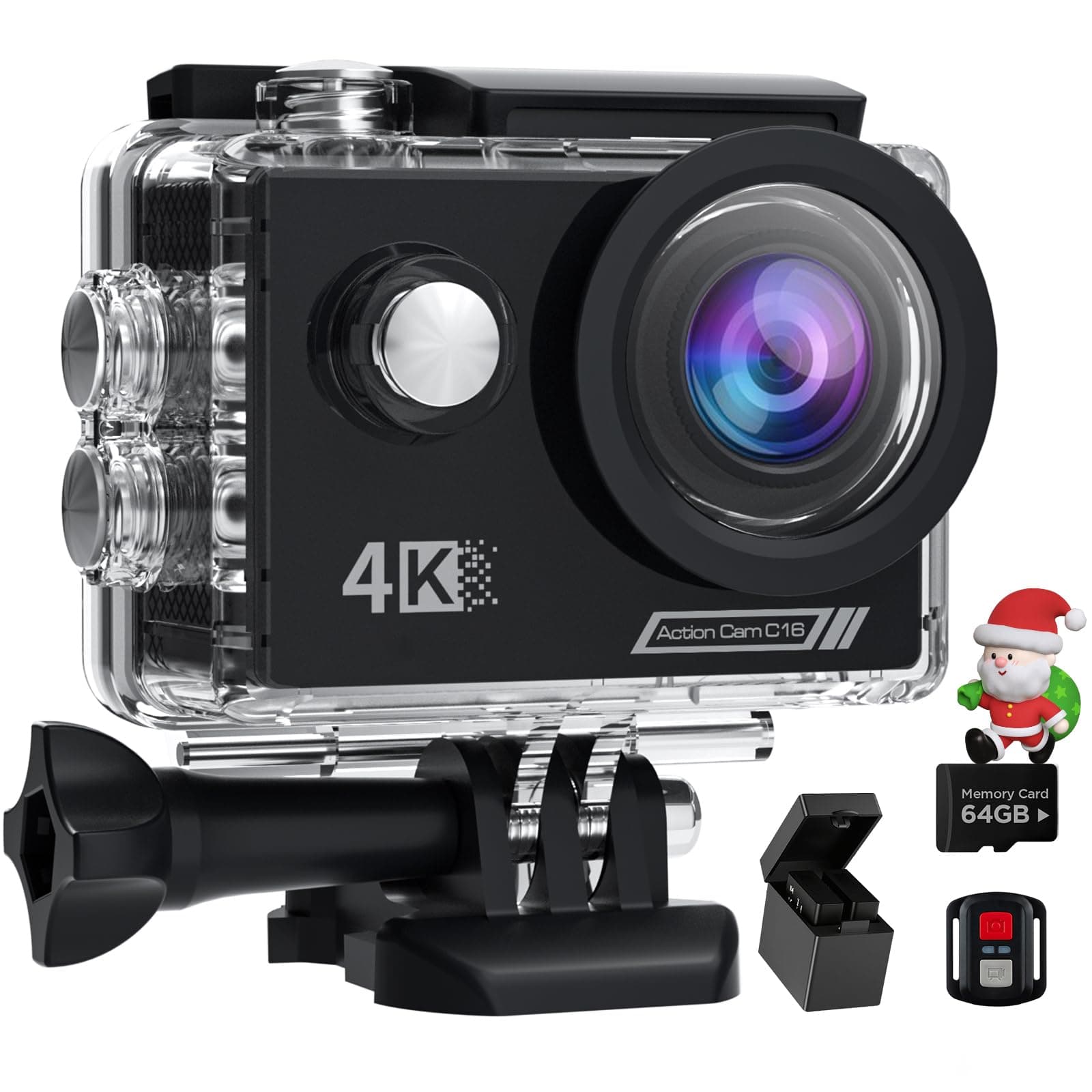 4K60 fps Action Cam mit 64G SD Card, 40M Unterwasserkamera WiFi 170° Helmkamera HD 64MP Wasserdicht Actionkameras EIS mit 2.4G Fernbedienung 2* Akkus actioncam Zubehör Kits Angebot bei HelloDeals