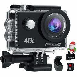 4K60 fps Action Cam mit 64G SD Card, 40M Unterwasserkamera WiFi 170° Helmkamera HD 64MP Wasserdicht Actionkameras EIS mit 2.4G Fernbedienung 2* Akkus actioncam Zubehör Kits Angebot bei HelloDeals