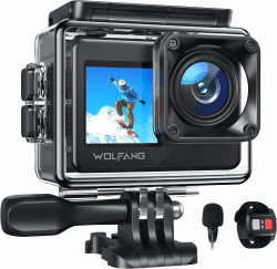 WOLFANG GA120 Action Cam 4K 20MP WiFi, Unterwasserkamera 40M Wasserdicht Kamera, 170° Weitwinkel Dual Screen Vlogging Kamera mit EIS Bildstabilisierung, Helmhalterung Zubehör Kits Angebot bei HelloDeals