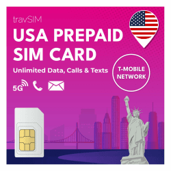 travSIM USA SIM Karte | T-Mobile Netz | Unbegrenzte Daten, Anrufe & Texte in den USA | SIM Karte USA funktioniert auf iOS & Android Geräten | SIM USA 5 Tage Angebot bei HelloDeals