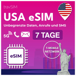 travSIM USA eSIM | T-Mobile Netz | Unbegrenzte Daten, Anrufe & Texte in den USA | e SIM Amerika funktioniert auf eSIM kompatiblen iOS & Android Geräten | e SIM Karte USA 07 Tage Angebot bei HelloDeals