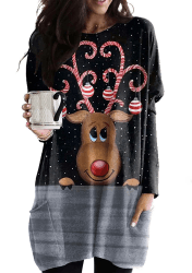 Yming Frauen Weihnachtspullover Rundhals Langarm Sweatshirts Lose Urlaub Pullover mit Taschen 3XL Elch Schwarz Grau Angebot bei HelloDeals
