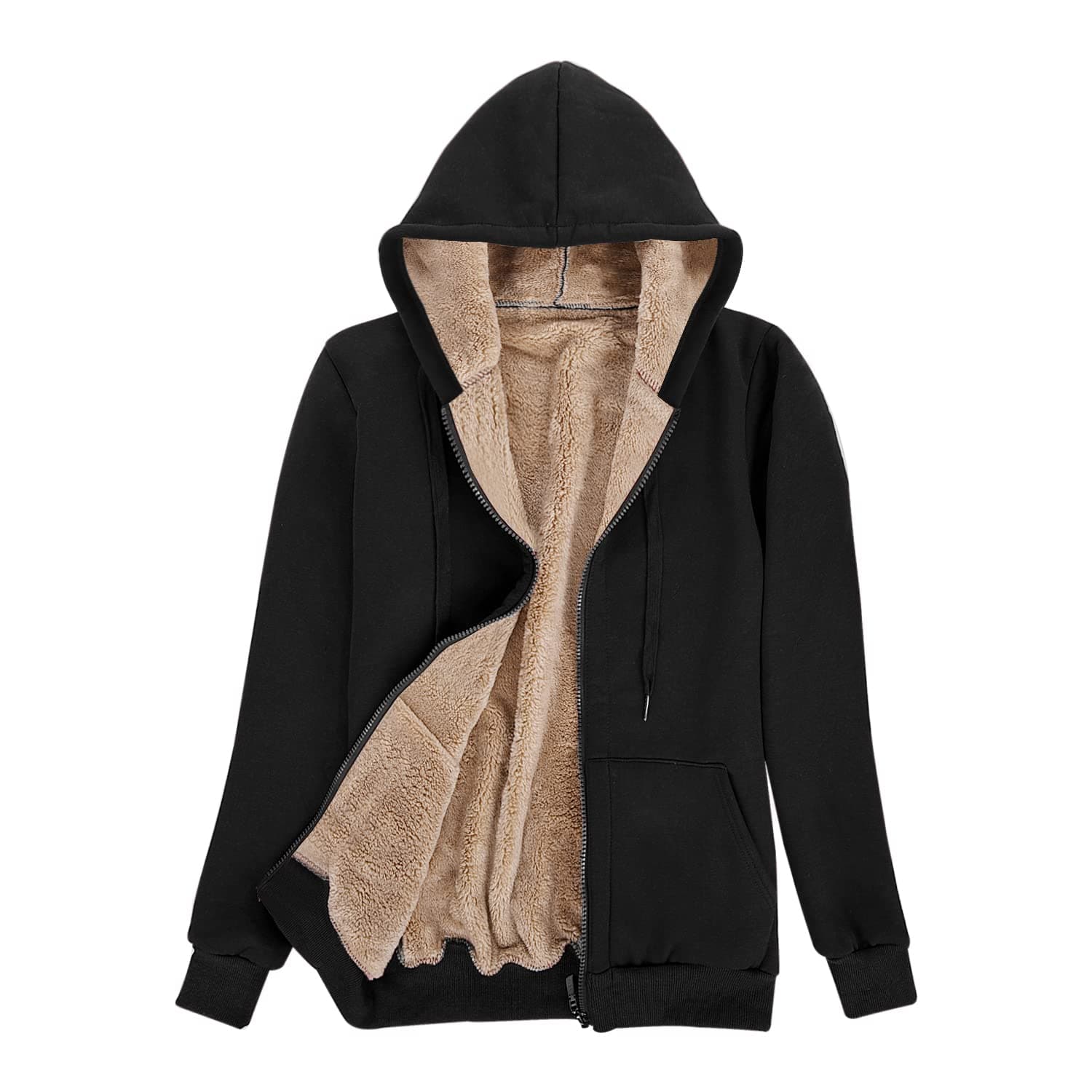 Fleecejacke Damen Hoodie Kapuzenpullover Sweatjacke Warm Oberteil, Herbst Winter Sweatshirt mit Reißverschluss Zip Kapuzen-Sweatshirt XL Schwarz Angebot bei HelloDeals