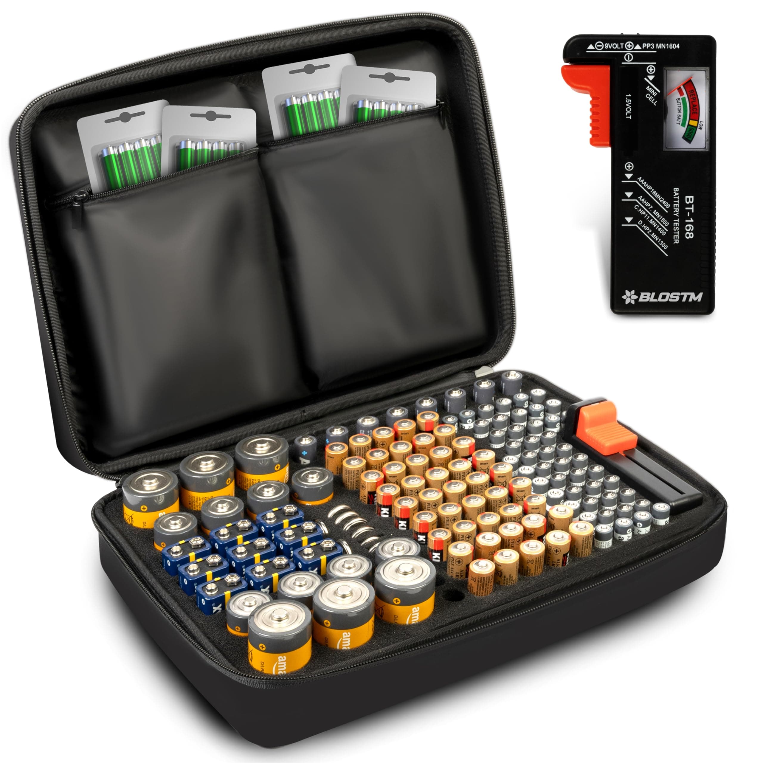 BLOSTM Batterie Organizer mit Batterietester - Batterie Aufbewahrungsbox für 140 Batterien AAA, AA, 9V, C, D, Knopfzelle, Batterie Box Aufbewahrung (Batterien Nicht Enthalten) Angebot bei HelloDeals