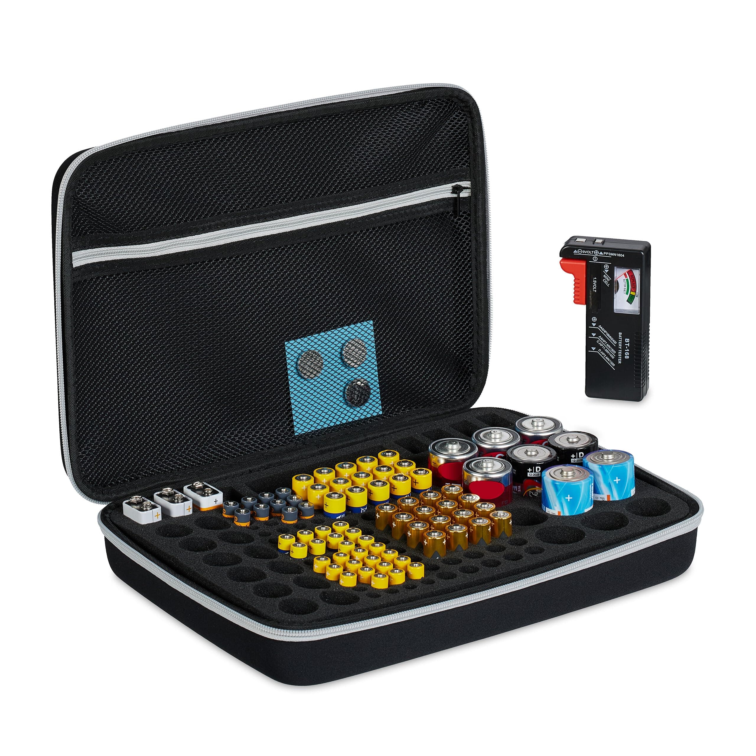 Relaxdays Batteriekoffer mit Tester, für AA, AAA, C, D & 9V-Blockbatterie, Aufbewahrungsbox 134 Batterien, schwarz Angebot bei HelloDeals