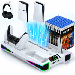 Standfuß für PS5 Pro/PS5/PS5 Slim,5200RPM Kühler Lüfter Starker Wind und Schnelle Wärmeableitung,RGB Ständer für Playstation 5 Pro mit Ladestation/Headset Halter/15 Spiele Aufbewahrung für PS5 Zubehör Weiß Angebot bei HelloDeals