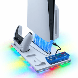 Vertikale Standfuß mit Kühlung für PS5/Pro/Slim, Dual Controller Ladestation Ständer mit 3 Stufen Lüfter/RGB Licht für Playstation 5 UHD& Digital /PS5 Slim Disc & Digital Angebot bei HelloDeals