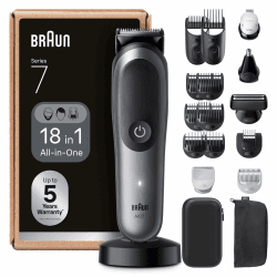 Braun All-in-One Series 7, 18-in-1 Multigroom, Barttrimmer, Nasenhaartrimmer, Haarschneidemaschine für Gesicht, Kopf und Körper, 120 Min Akku, 14 Längen (3–21 mm), Wasserdicht, AIO7585, Grau Angebot bei HelloDeals
